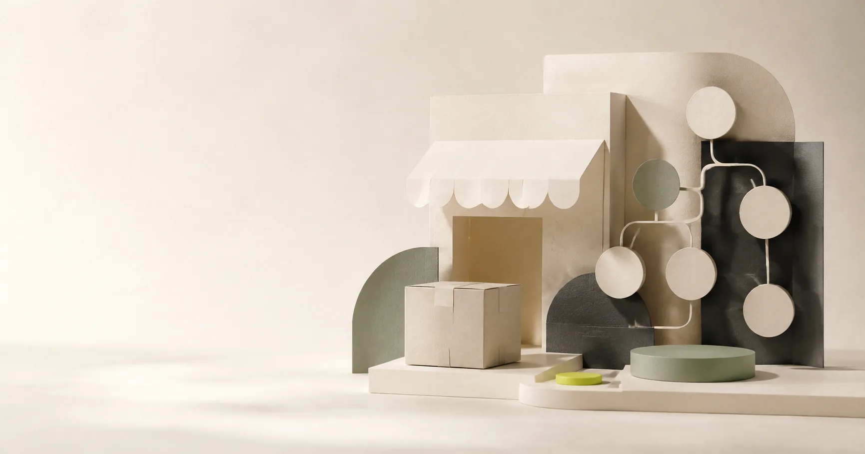 Minimal ecommerce storefront and fulfillment workflow represented as tactile paper objects