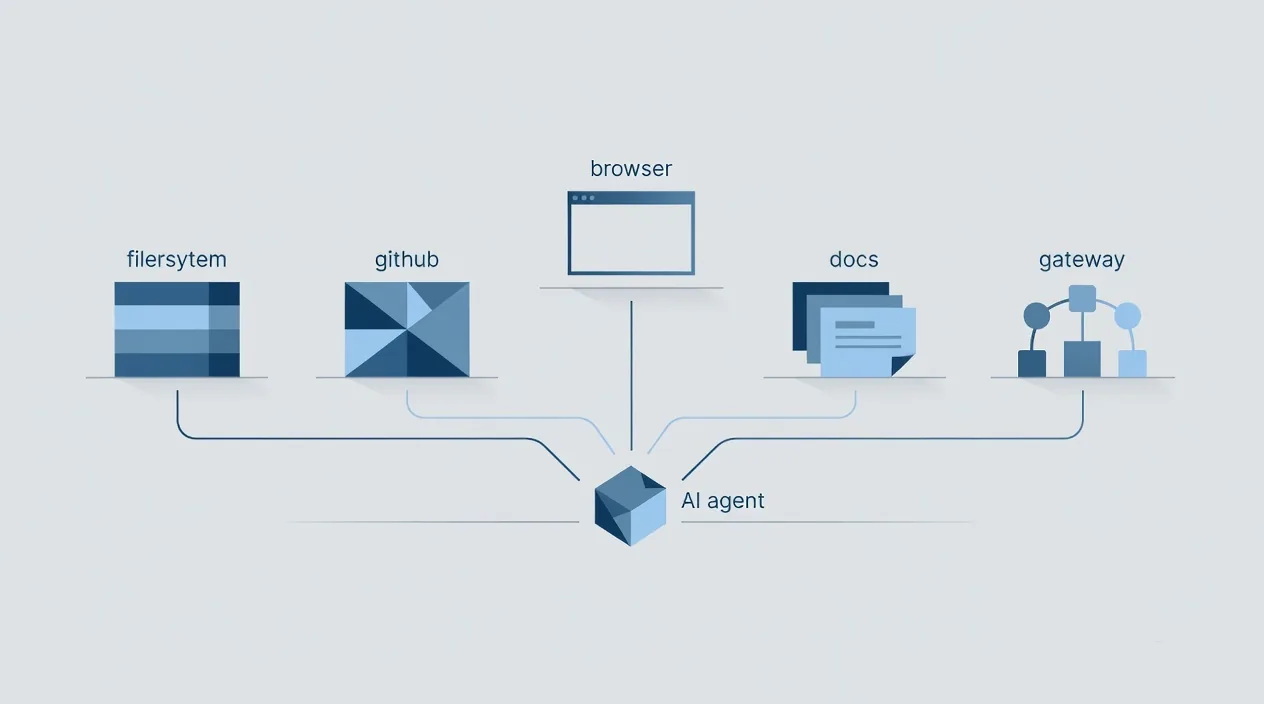 Layered stack diagram showing agent client, MCP hosts, individual MCP servers, and underlying APIs or data sources